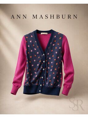 Ann Mashburn 100% Worsted Cashmere Floral Cardigan Sweater Medium Navy Pink